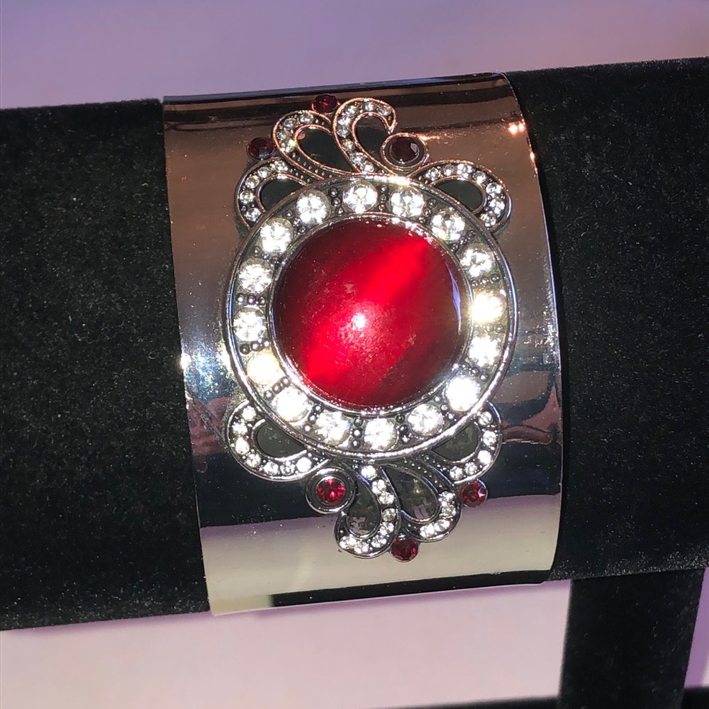 Silver Tone Cuff Bracelet with Red Cabochon and Crystal Accents